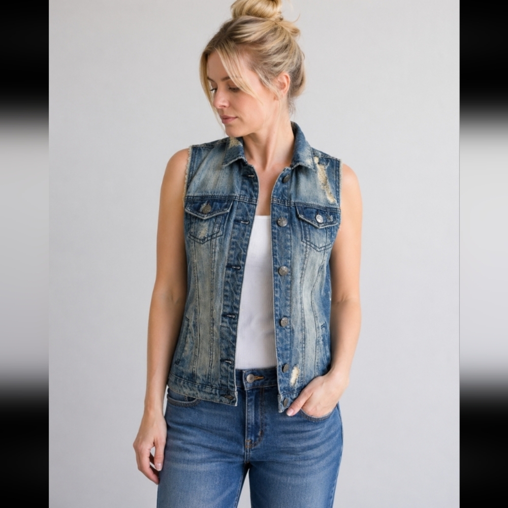 VANILLA STAR Distressed Jean Denim Vest XS